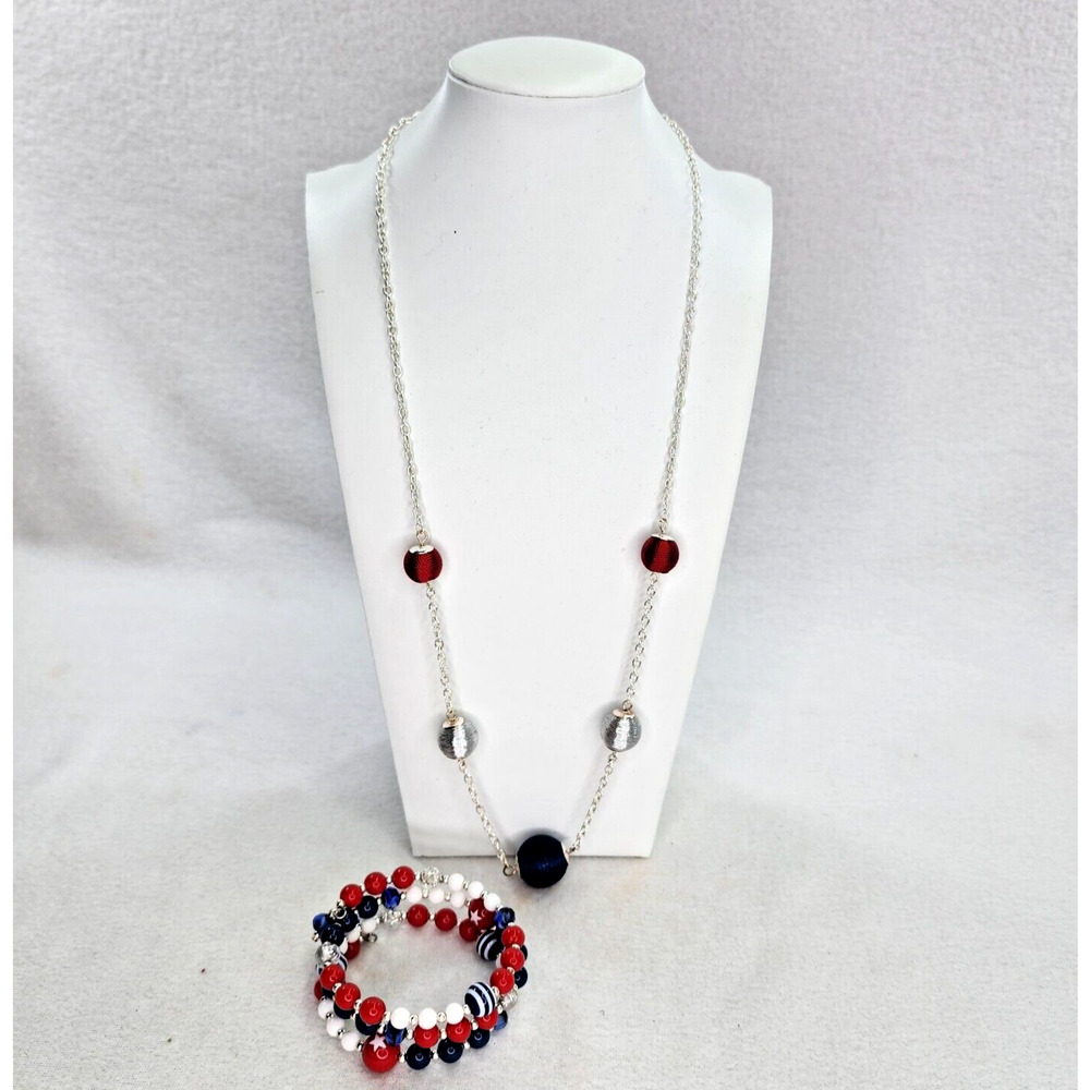 Vintage Necklace & Bracelet Set Red White Blue Plastic Beads Silver Tone Chain
